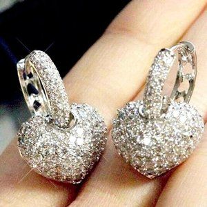 New Beautiful 14k White Gold Over Silver Diamond Heart Earrings